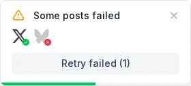 Ferryman shows Some posts failed, a successful X destination, a failed Bluesky destination, and Retry failed (1).